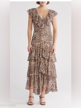 WAYF Leopard Print Tiered Midi Dress - Brown